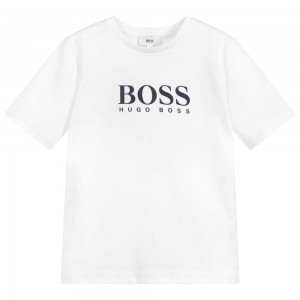 maglietta da ragazzo maniche corte in cotone bianco con stampa nero hugo  boss