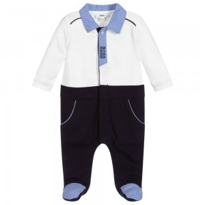tutina da neonato bianco e blu con colletto camicia Hugo Boss
